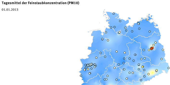 Tagesmittel der Feinstaubkonzentration (PM10) - Neujahr 2013
