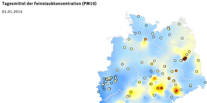 Tagesmittel der Feinstaubkonzentration (PM10) - Neujahr 2014