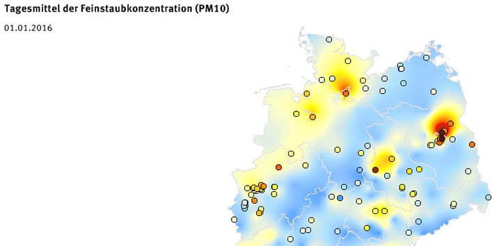 Tagesmittel der Feinstaubkonzentration (PM10) - Neujahr 2016