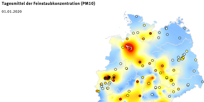 Tagesmittel der Feinstaubkonzentration (PM10) - Neujahr 2020