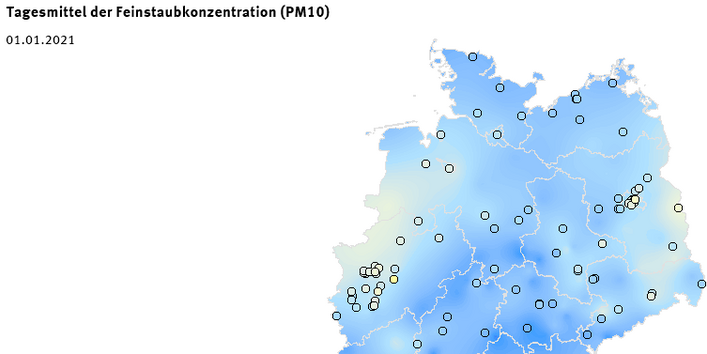 Tagesmittel der Feinstaubkonzentration (PM10) - Neujahr 2021