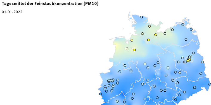 Tagesmittel der Feinstaubkonzentration (PM10) - Neujahr 2022