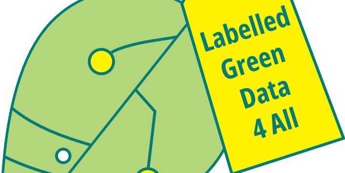 Logo des Forschungsvorhabens, grünes Blatt mit einem gelben Label, das den Titel des Forschungsvorhabens „LabelledGreenData4All“ enthält