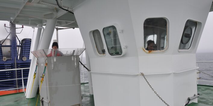 Researchers observe whales from the crow's nest, the highest point on the Polarstern vessel. 