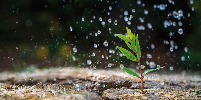 The picture shows raindrops falling on to bare soil. A furrow is visible in the soil. 