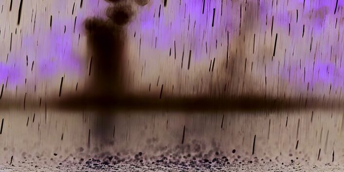 The picture shows rain falling on a tarmac surface. In the background, it is possible to make out a fuzzy image of vegetation. 