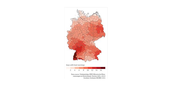 The illustration ‘Days with heat warnings’ (2017–2021) shows a map of Germany. Districts are categorized by heat warning days using nine color codes. The Upper Rhine Rift Valley had the highest warnings (12–16 days/year). In eastern Germany, including southern Brandenburg, Berlin, and the Bayerische Wald (near Austria and the Czech Republic), up to 12 days/year were recorded.