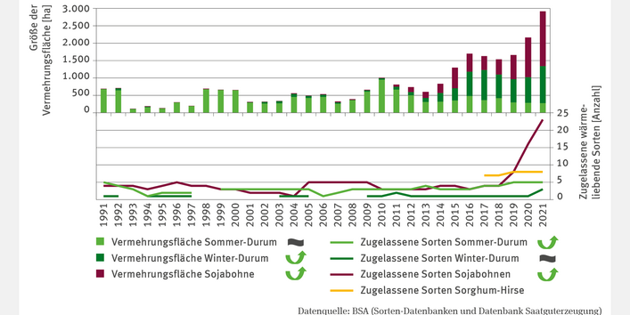 Die Abbildung LW-R-2 "Sorten und Vermehrung wärmeliebender Ackerkulturen" zeigt die Anzahl der zugelassenen Sorten von Sommer-Durum, Winter-Durum, Sojabohnen und Sorghum-Hirse (1991–2021). Die Zahl der zugelassenen Sorten ist gestiegen, bei Sojabohnen und Sommer-Durum signifikant. 2021 waren knapp 25 Sojabohnensorten zugelassen. Die Vermehrungsfläche für Winter-Durum und Sojabohne wuchs signifikant auf etwa 1.000 bzw. 1.500 Hektar, während die Fläche für Sommer-Durum konstant blieb.