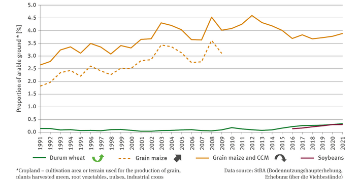 The line chart indicates – for the period of 1991 to 2021 – the proportion of the varieties durum, grain maize, grain maize combined with CCM as well as soybeans in terms of the size of the cultivation terrain in per cent. In this context the term ’cultivation terrain’ denotes the total cultivation area or terrain used for the production of grain cereals, plants harvested green, root vegetables, pulses and industrial crops. 