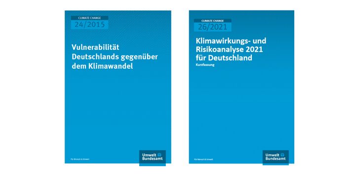 Abbildung der Titelblätter der Vulnerabilitätsanalyse 2015 und der KWRA 2021 vom Umweltbundesamt.