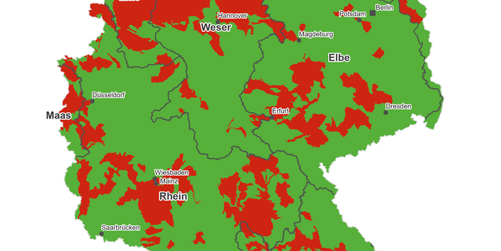 Grün/Rot gefärbte Flächen auf Deutschlandkarte mit den Zuständen zur Zielverfehlung durch Nitrat