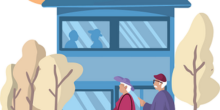 Menschen vor einem Haus unter der Sonne