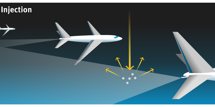 Narrow airplanes with spraying equipment spread a whitish haze high above.