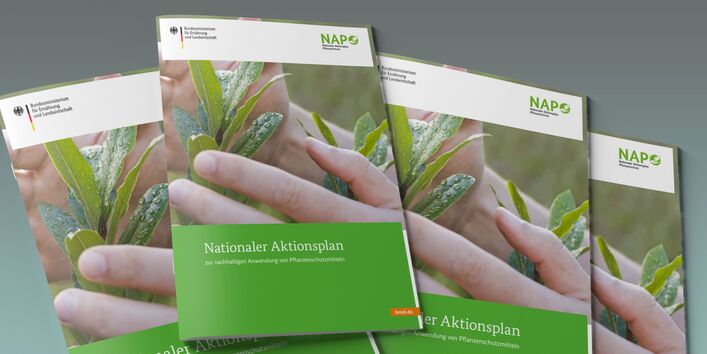 Das Bild zeigt einen Stapel Broschüren mit dem Titel "Nationaler Aktionsplan zur nachhaltigen Anwendung von Pflanzenschutzmitteln".