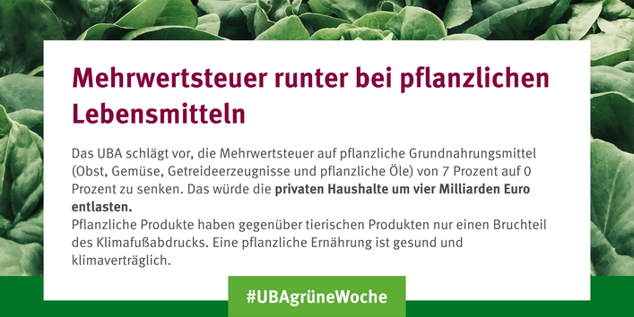 Eine Grafik mit den UBA-Forderung der Mehrwertsteuersenkung für pflanzliche Lebensmittel auf 0 %. 