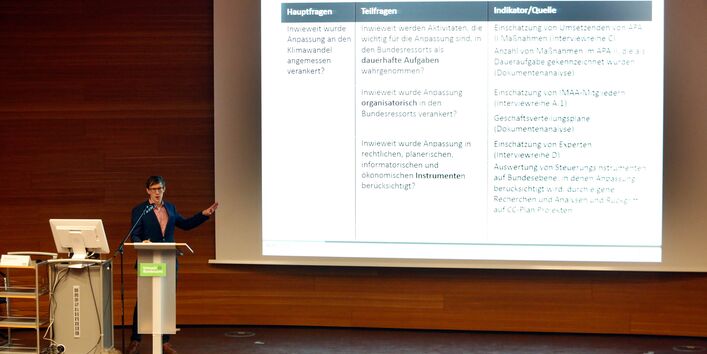 Der Blick geht direkt auf die Projektionsfläche mit dem Titel: Beispiel für Analyseraster. Im Vordergrund trägt ein Teilnehmender vor. Er steht an einem Rednerpult.