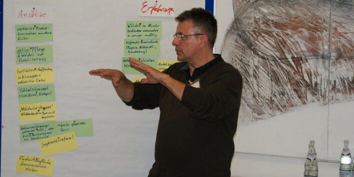 Dialogteilnehmer steht erklärend vor einem Flipchart und zeigt auf die darauf befindlichen Moderationskarten.