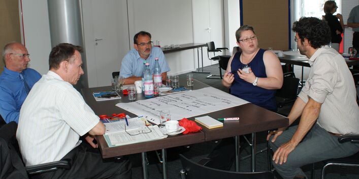 Teilnehmer sitzen diskutierend am Gruppenarbeitstisch. Auf dem Tisch liegt das beschriebene Posterpapier mit den Diskussionsergebnissen. Im Hintergrund stehen andere diskutierende Teilnehmer an einer Moderationswand.