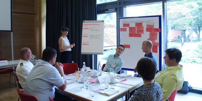 Teilnehmende sitzen an ihrem Gruppenarbeitstisch in aufgelockerter Atmosphäre vor einer großen Fensterfront, die den Blick ins Grüne freigibt. Zwischen Fensterfront und Gruppenarbeitstisch stehen zwei Präsentationswände mit roten Moderationskarten bestückt und beschriftet.