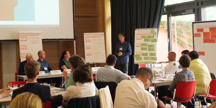 Die Teilnehmenden sitzen an ihren Gruppenarbeitstischen vor den aufgereihten Präsentationswänden,die mit den Arbeitsergebnissen anhand von farbigen Moderationskarten und Schriften bestückt sind. Das Licht im Raum wird von der gelben Wand an der Fensterfront reflektiert und erscheint sehr hell und freundlich.