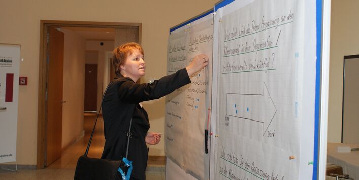 Teilnehmerin klebt Farbpunkte auf beschriftetes Papier an Moderationswand. Im Hintergrund geht der Blick durch die offene Tür in den Flur.