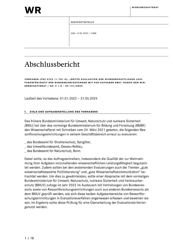 Cover des Berichts "Dritte Evaluation der wissenschaftlichen Leistungsfähigkeit der Bundeseinrichtungen mit FuE-Aufgaben BMU"