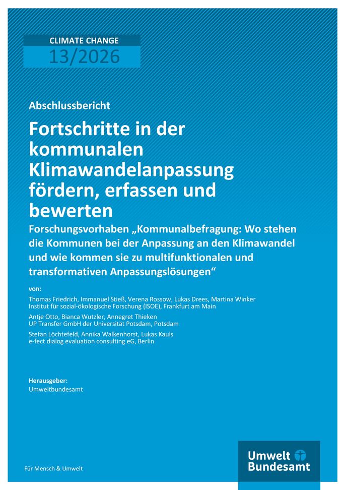 Cover des Berichts "Fortschritte in der kommunalen Klimawandelanpassung fördern, erfassen und bewerten"