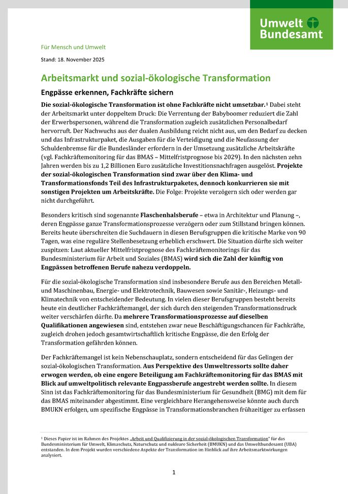 Cover des Factsheets "Arbeitsmarkt und sozial-ökologische Transformation"