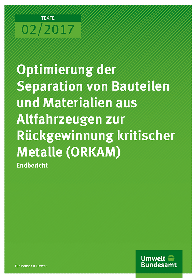 Cover der Publikation: Optimierung der Separation von Bauteilen und Materialien aus Altfahrzeugen zur Rückgewinnung kritischer Metalle (ORKAM)