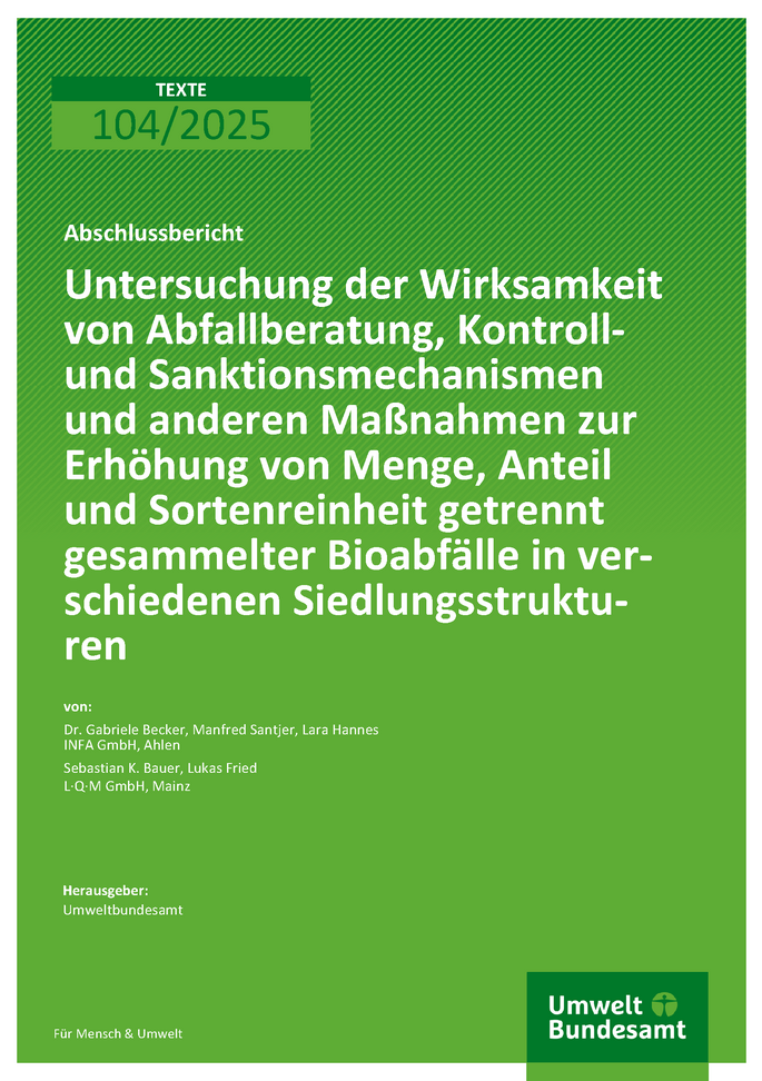 Cover des Berichts "Untersuchung der Wirksamkeit von Abfallberatung, Kontroll- und Sanktionsmechanismen und anderen Maßnahmen zur Erhöhung von Menge, Anteil und Sortenreinheit getrennt gesammelter Bioabfälle in verschiedenen Siedlungsstrukturen"