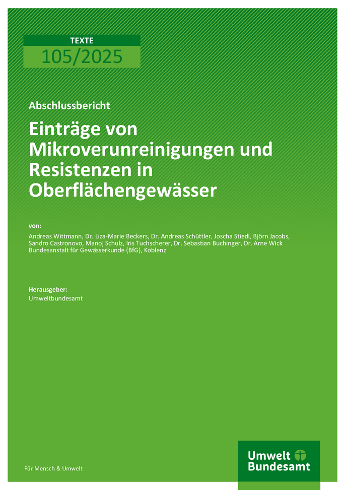 Cover des  Berichts "Einträge von Mikroverunreinigungen und Resistenzen in Oberflächengewässer"