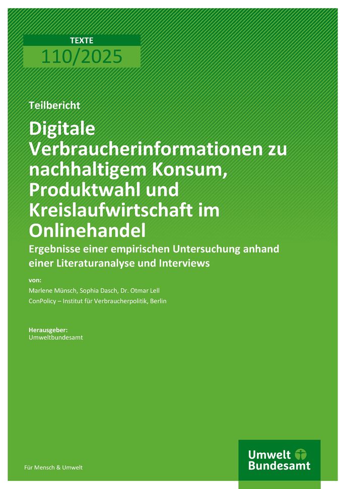 Cover des Berichts "Digitale Verbraucherinformationen zu nachhaltigem Konsum, Produktwahl und Kreislaufwirtschaft im Onlinehandel"