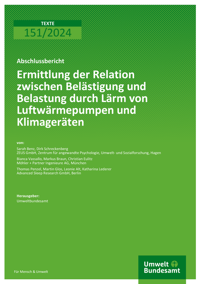 Cover des Berichts "Ermittlung der Relation zwischen Belästigung und Belastung durch Lärm von Luftwärmepumpen und Klimageräten"