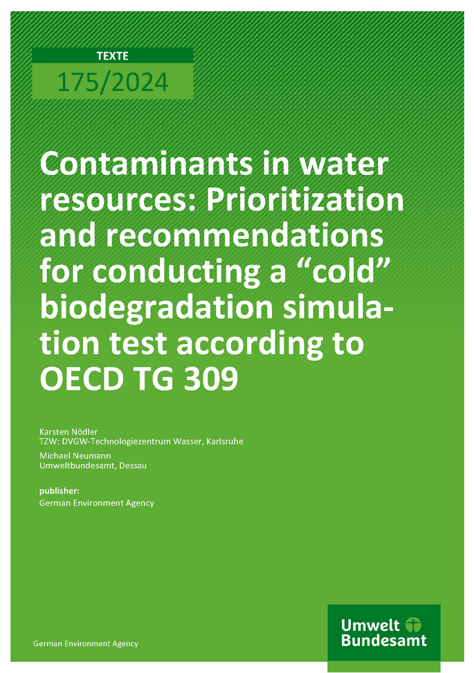 Cover of report "Contaminants in water resources: Prioritization and recommendations for conducting a “cold” biodegradation simulation test according to OECD TG 309"