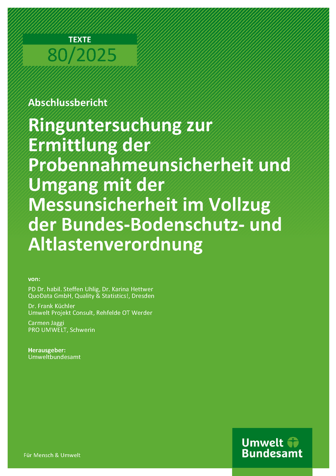Cover des Berichts "Ringuntersuchung zur Ermittlung der Probennahmeunsicherheit und Umgang mit der Messunsicherheit im Vollzug der Bundes-Bodenschutz- und Altlastenverordnung"