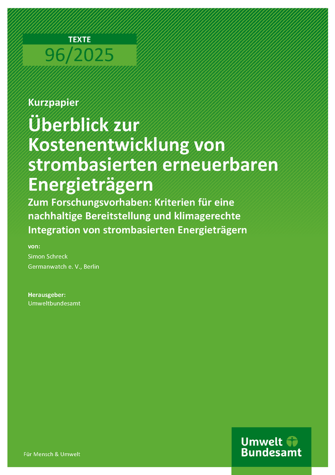 Cover des Berichts "Überblick zur Kostenentwicklung von strombasierten erneuerbaren Energieträgern"