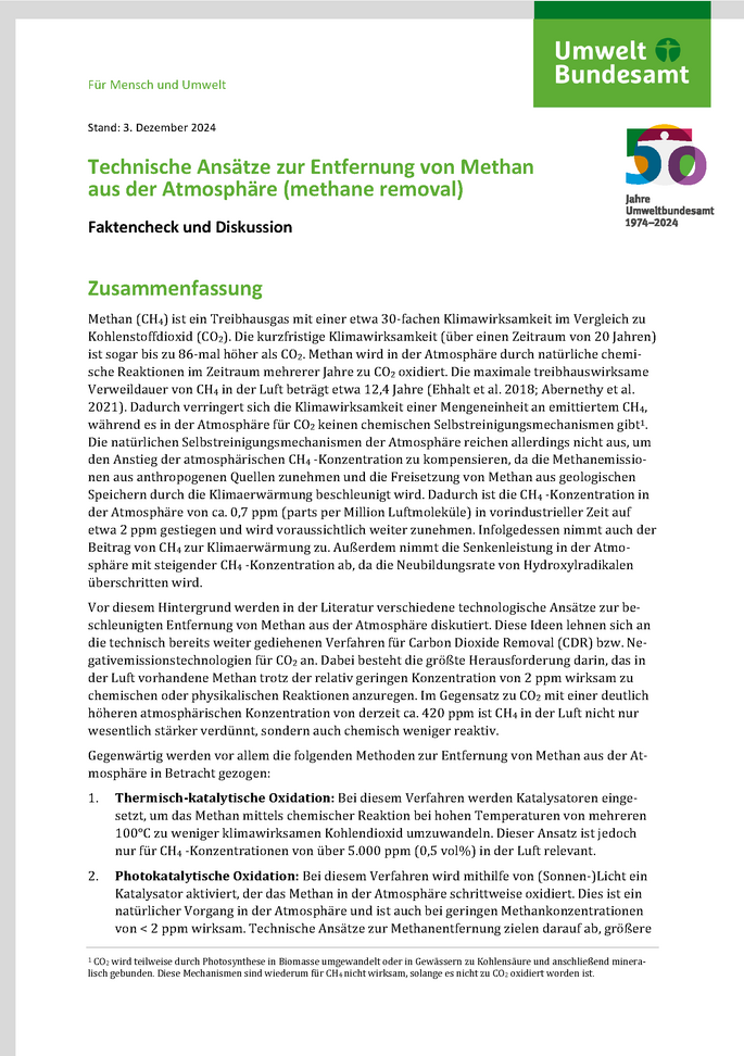Cover des Factsheets "Technische Ansätze zur Entfernung von Methan aus der Atmosphäre" 
