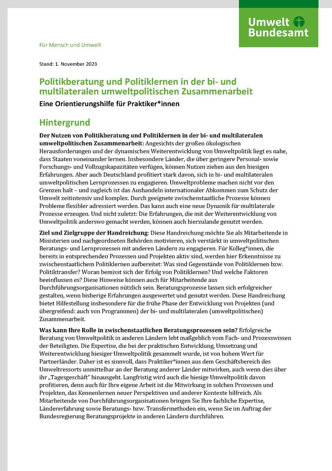 Cover des Factsheets "Politikberatung und Politiklernen in der bi- und multilateralen umweltpolitischen Zusammenarbeit"
