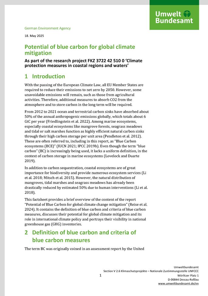 Cover des Factsheets "Potential of blue carbon for global climate mitigation"