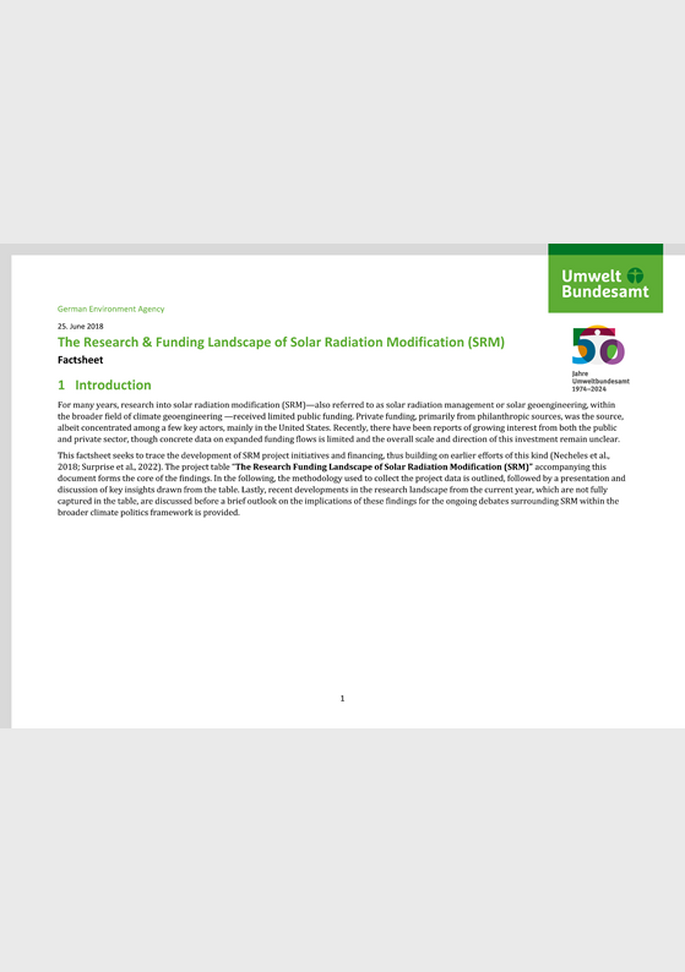 Cover des Factsheets "The Research & Funding Landscape of Solar Radiation Modification (SRM)"