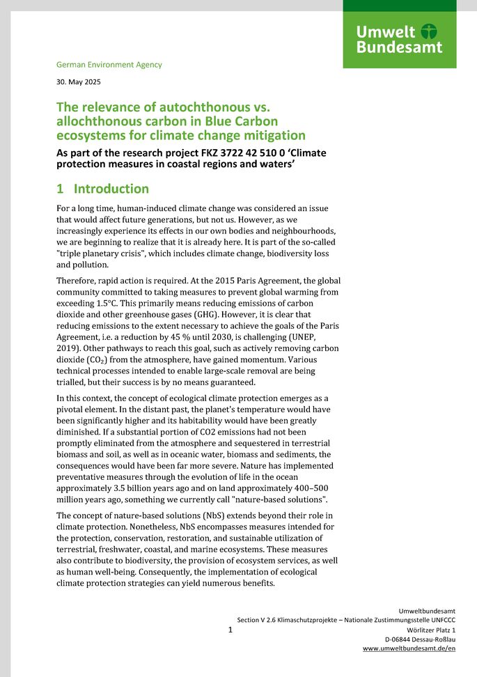Cover des Factsheets "The relevance of autochthonous vs. allochthonous carbon in Blue Carbon ecosystems for climate change mitigation"