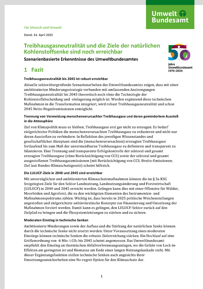 Cover des Factsheets "Treibhausgasneutralität und die Ziele der natürlichen Kohlenstoffsenke sind noch erreichbar"