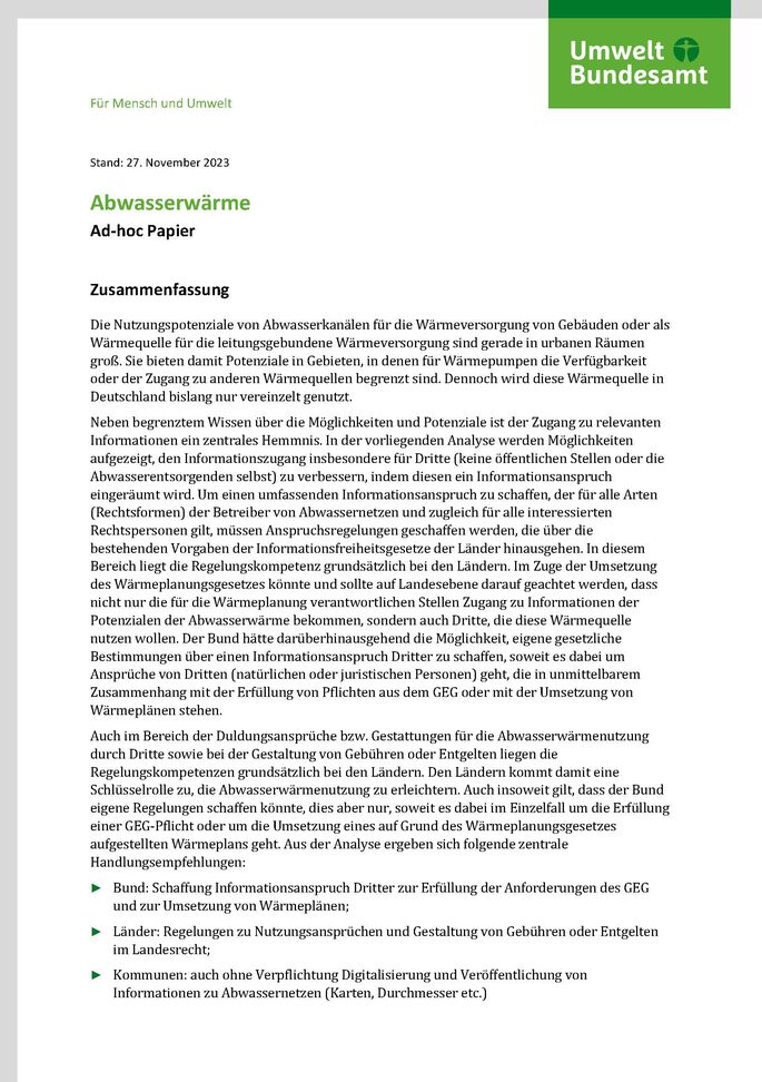 Cover des Factsheets "Abwasserwärme"
