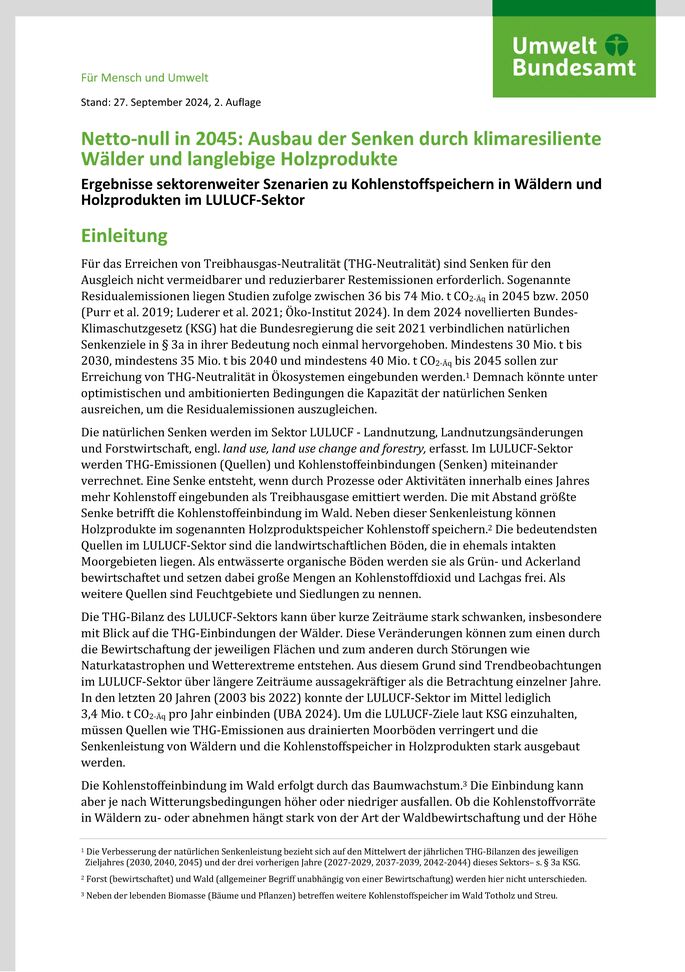 Cover des Factsheets "Netto-null in 2045: Ausbau der Senken durch klimaresiliente Wälder und langlebige Holzprodukte"
