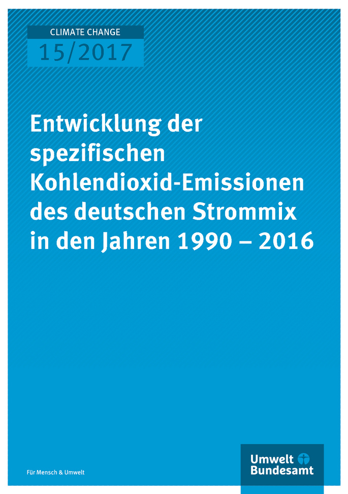 Cover der Publikation Climate Change 15/2017 Vorschautext  „Entwicklung der Spezifischen Kohlendioxid-Emissionen des deutschen Strommix in den Jahren 1990-2016“ Das Umweltbundesamt veröffentlicht jährlich seine Berechnungsergebnisse zur Entwicklung des Kohlendioxid-Emissionsfaktors des deutschen Strommix in der Zeitreihe ab 1990, der als Indikator für die Klimaverträglichkeit der Stromerzeugung angesehen werden kann. Bei der Erzeugung einer Kilowattstunde Strom für den Endverbrauch ohne Berücksichtigung des