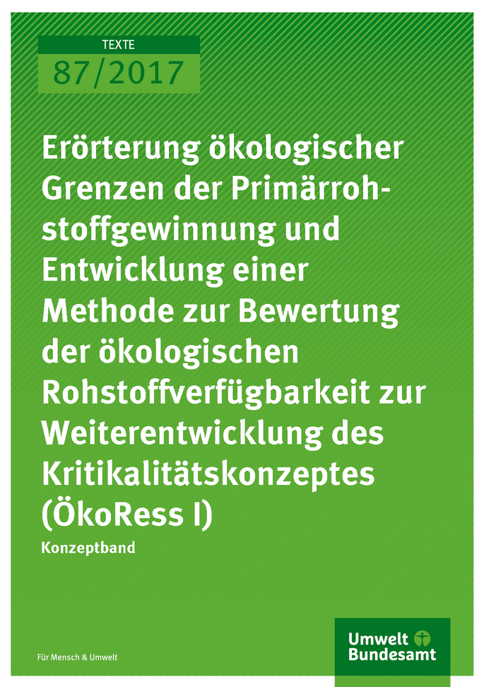 Cover der Publikation 87/2017 Erörterung ökologischer Grenzen der Primärrohstoffgewinnung und Entwicklung einer Methode zur Bewertung der ökologischen Rohstoffverfügbarkeit zur Weiterentwicklung des Kritikalitätskonzeptes (ÖkoRess I)