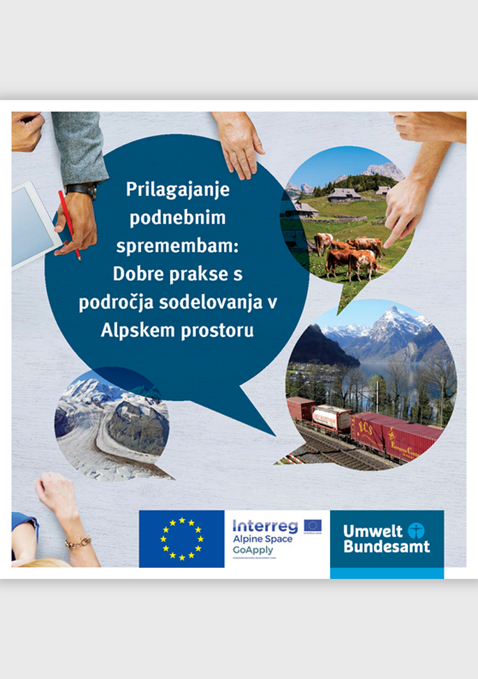 Cover des Handbuchs Prilagajanje podnebnim spremembam: Dobre prakse s področja sodelovanja v Alpskem prostoru