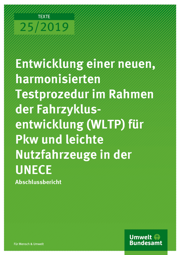 Cover der Publikation TEXTE 25/2019 Entwicklung einer neuen, harmonisierten Testprozedur im Rahmen der Fahrzyklusentwicklung (WLTP) für Pkw und leichte Nutzfahrzeuge in der UNECE