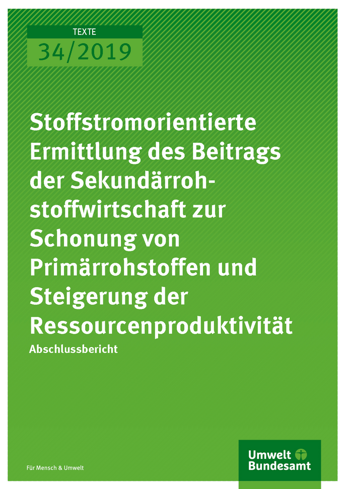 Cover der Publikation TEXTE 34/2019 Stoffstromorientierte Ermittlung des Beitrags der Sekundärrohstoffwirtschaft zur Schonung von Primärrohstoffen und Steigerung der Ressourcenproduktivität