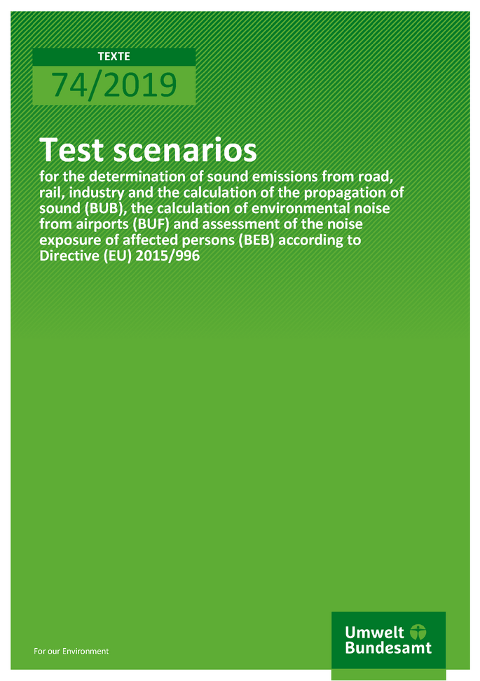 Cover of publication TEXTE 74/2019 Test scenarios for the determination of sound emissions from road, rail, industry and the calculation of the propagation of sound (BUB), the calculation of environmental noise from airports (BUF) and assessment of the noise exposure of affected persons (BEB) according to Directive (EU) 2015/996